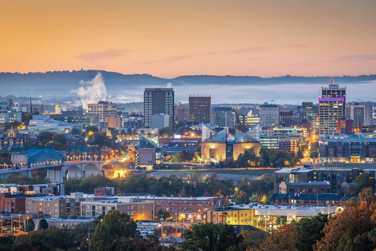 Chattanooga, Tennessee, USA downtown city skyline at dusk.